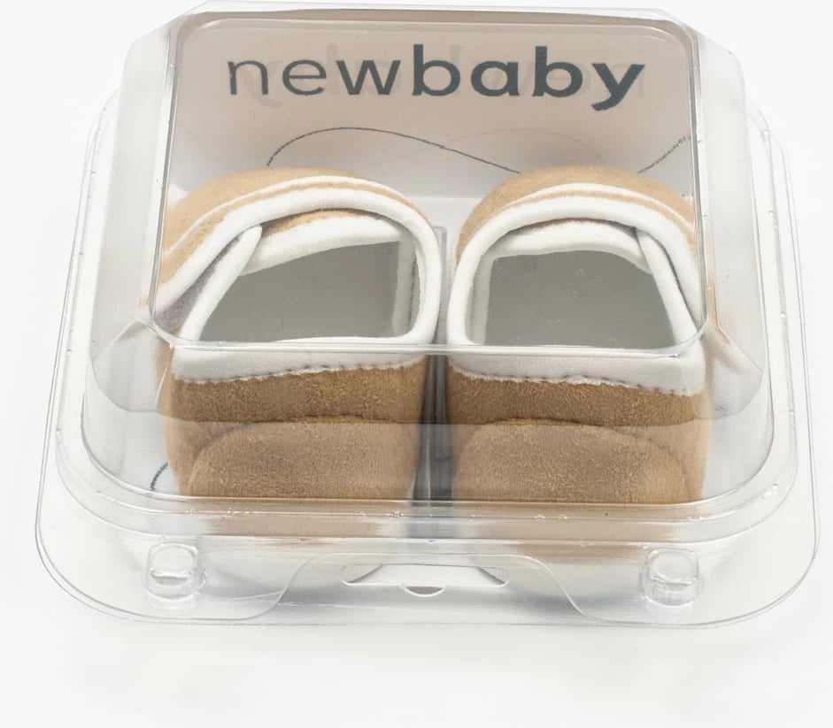 papuçe bebe, New Baby, 0-3 muaj, shollë PVC pa BPA, kamosh sintetik 100% poliester, mbyllje me ngjitës, shputë 10 cm, kafe
