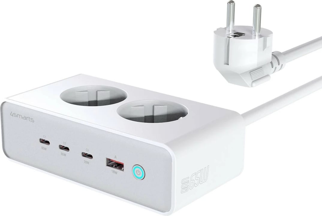 Stacion karikimi 6-në-1 4smarts 540065, 65W, 3x USB-C, 1x USB-A, 2x prizë AC, 1.5m, argjendtë/bardhë
