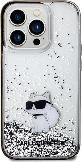 Mbështjellës Karl Lagerfeld Liquid Glitter Choupette për iPhone 14 Pro, transparent, argjendtë