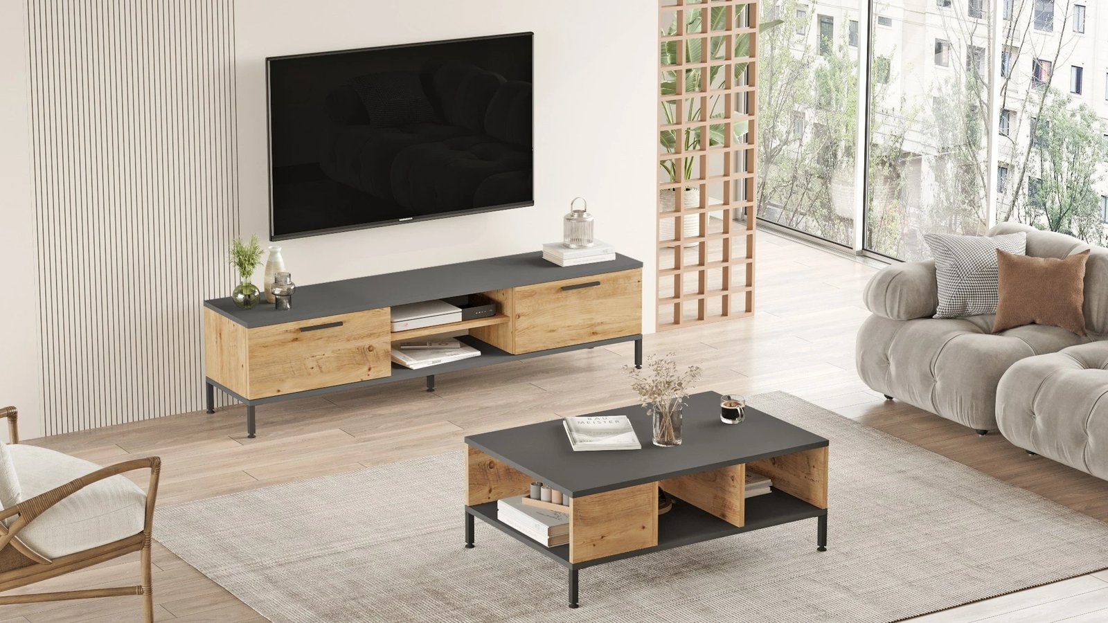 Set mobiljesh për dhomë dite Hanah Home, Rl5-Aa, ngjyrë Atlantic Pine dhe Antracit