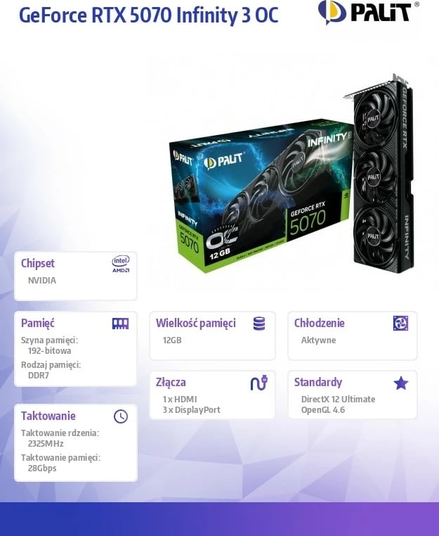 Kartelë grafike Palit GeForce RTX 5070 Infinity 3 OC, 12 GB GDDR7, 192-bit, e zezë