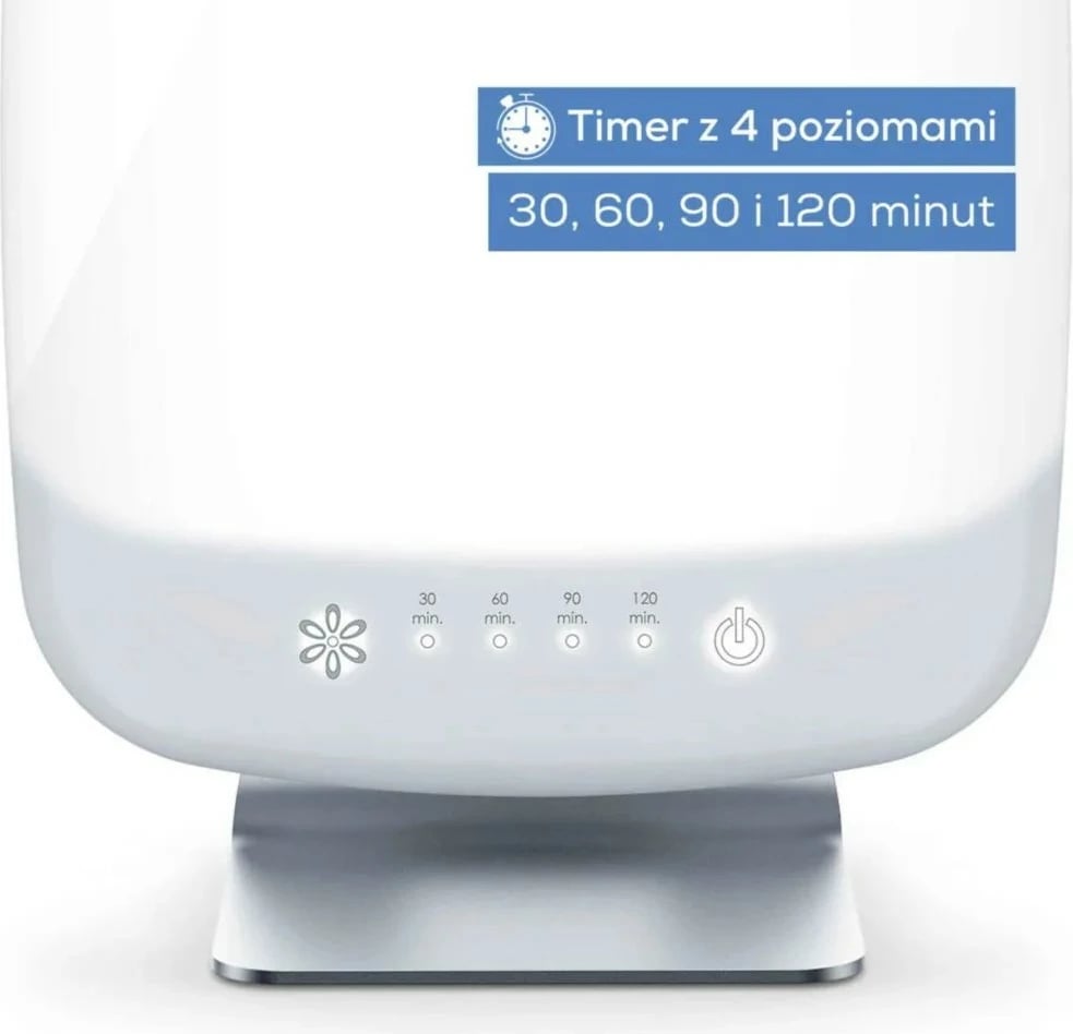 lampë dite, Beurer TL95, LED 10000 lux, sipërfaqe 30×37 cm, timer 30/60/90/120 min, e bardhë/argjendtë