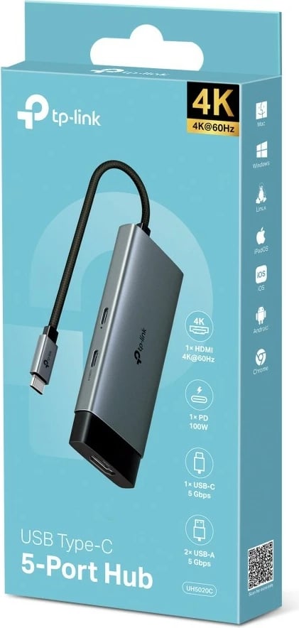 Hub USB-C TP-Link UH5020C, 5 porte, 4K@60Hz, 100W, Gri