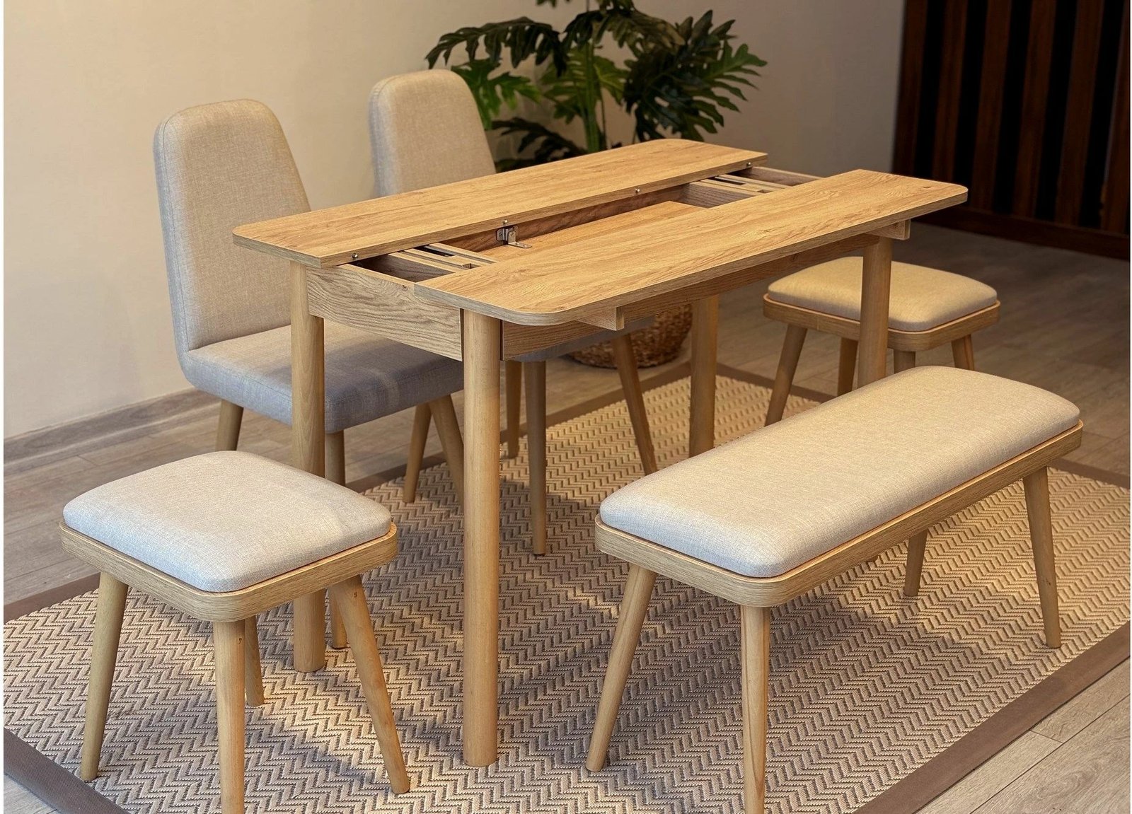 Set tavoline me karrige për ngrënie, zgjatës, 6 pjesë, Skye Decor, Vina Mini 03 1005, ngjyrë lis dhe krem