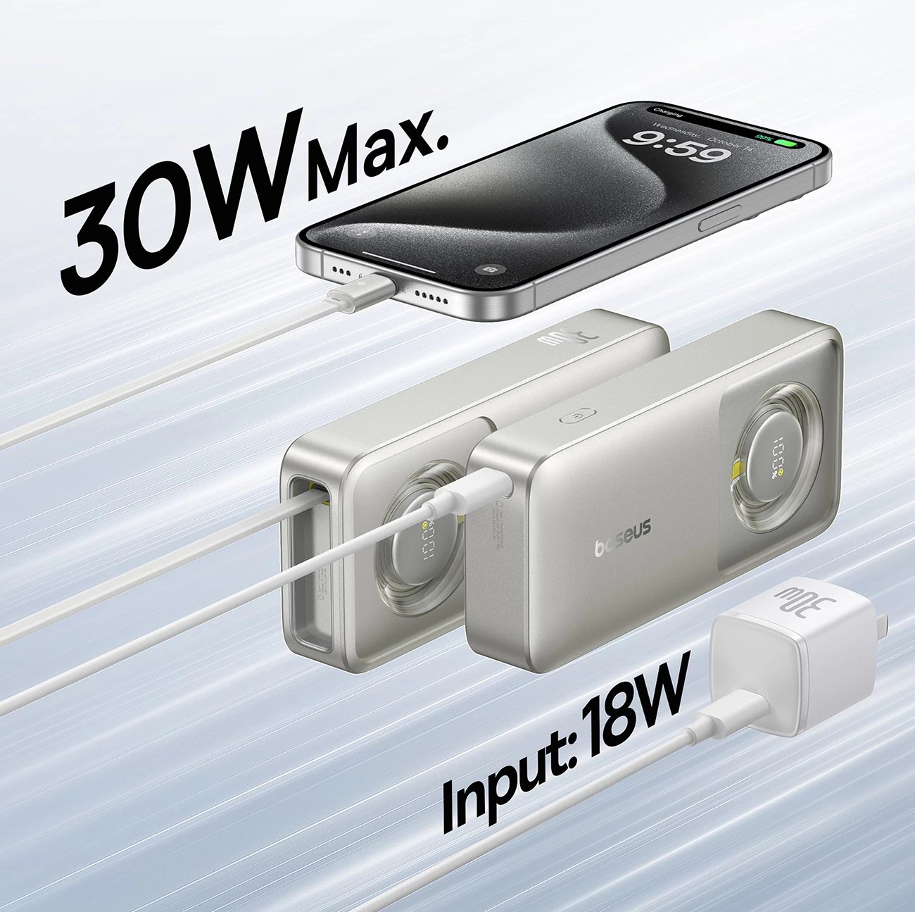 Powerbank Baseus Free2Pull 10000mAh, 30W, USB-C, me kabllo tërheqëse, Gri