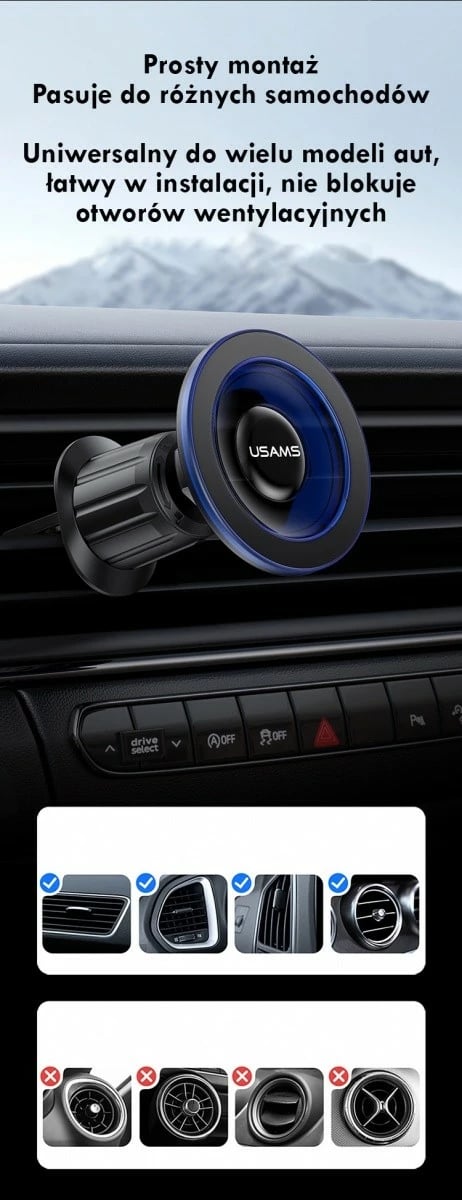 Mbajtës makine për grila ajri magnetik, USAMS ZJ081 (USA001646), 360° rotacion, montim me grep, për Celular, zi