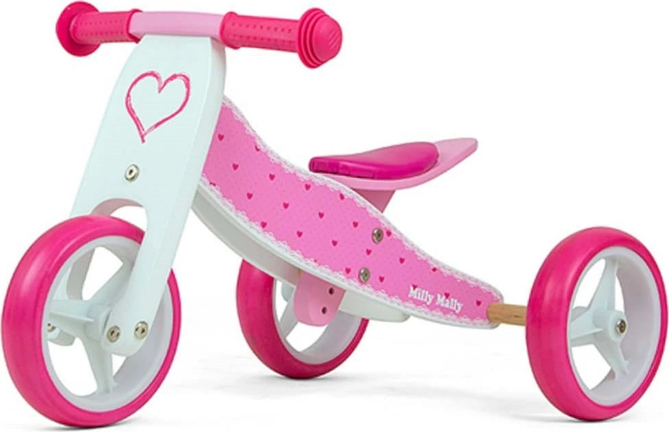 biçikletë-balancuese/triçikël druri 2n1, Milly Mally, JAKE Hearts, rrota shkumë 7\", ulëse e rregullueshme, 18–36 muaj, 25 kg, rozë