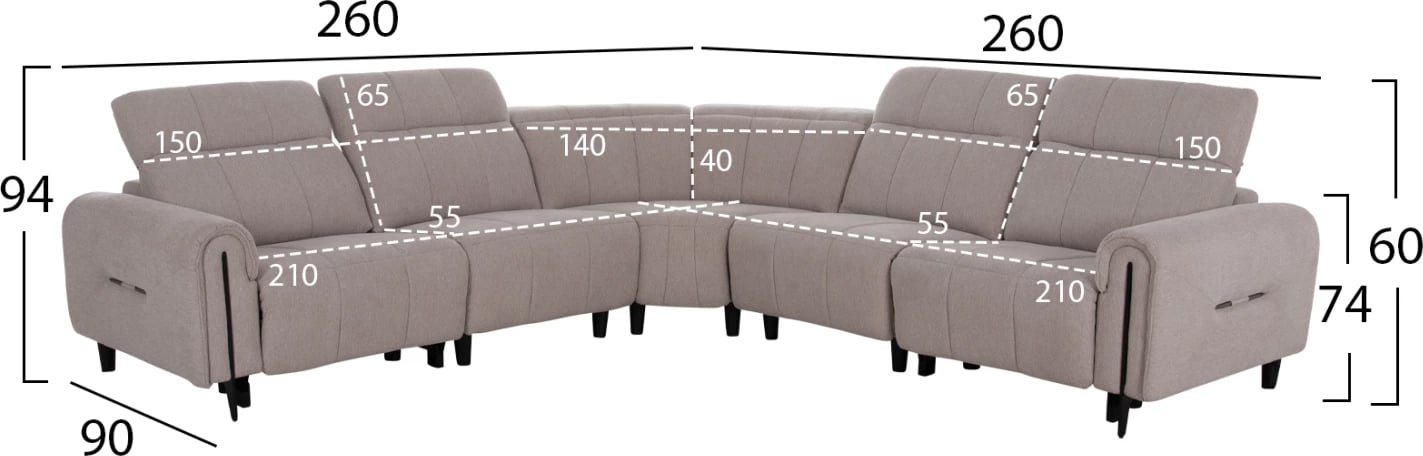 Këndore e madhe me 5 pjesë, 2 ulëse me recliner elektrik, ngjyrë bezhë, ORACLE FH3290.02, 293x293x98cm