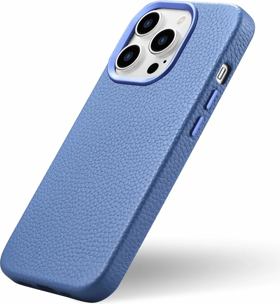 Mbështjellës iCarer Litchi Premium për iPhone 14 Pro, lëkurë natyrale, MagSafe, kaltër