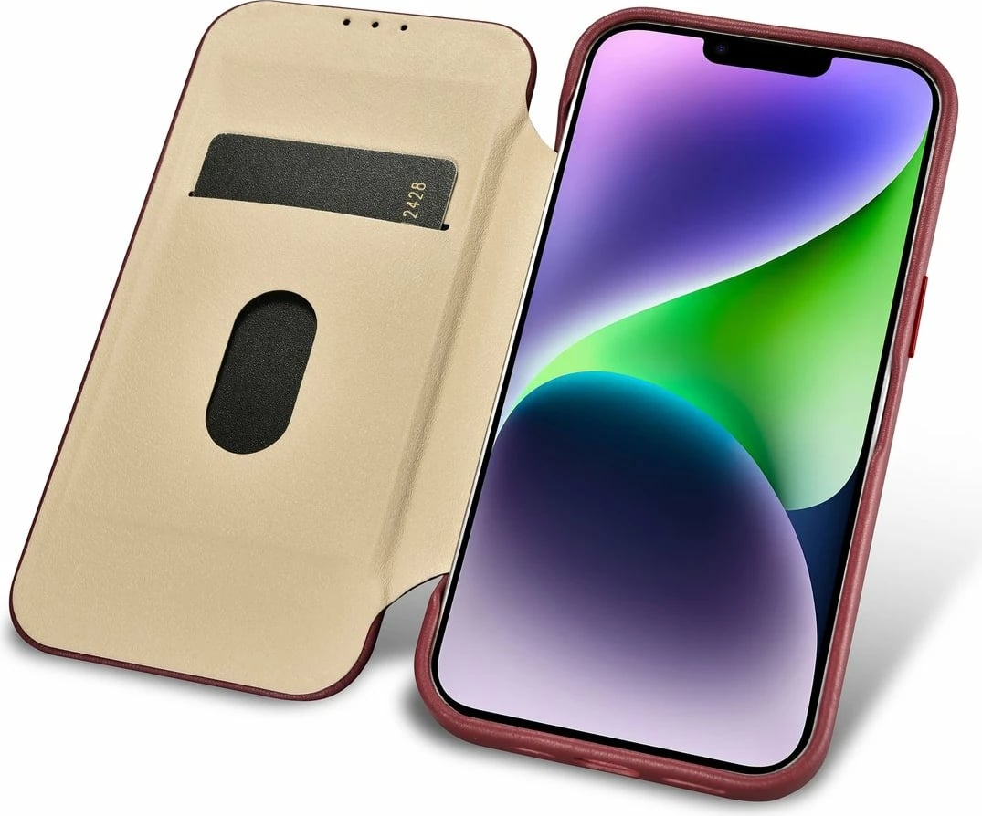 Mbështjellës lëkure iCarer CE Premium Folio për iPhone 14 Plus, MagSafe, Kuq