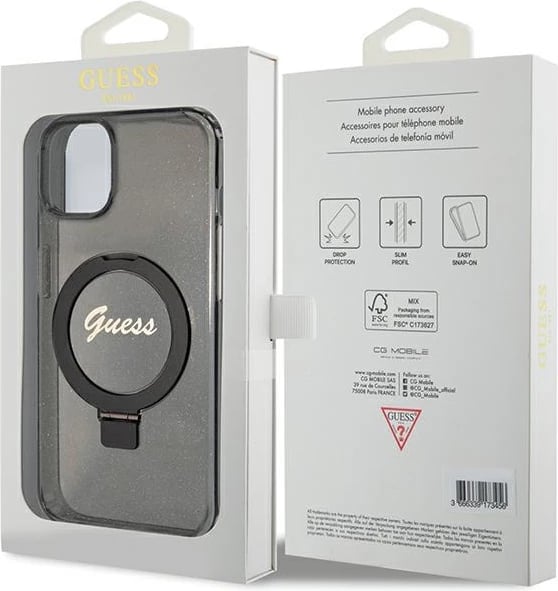 Mbështjellës Guess Ring Stand Script Glitter MagSafe për iPhone 15, i zi