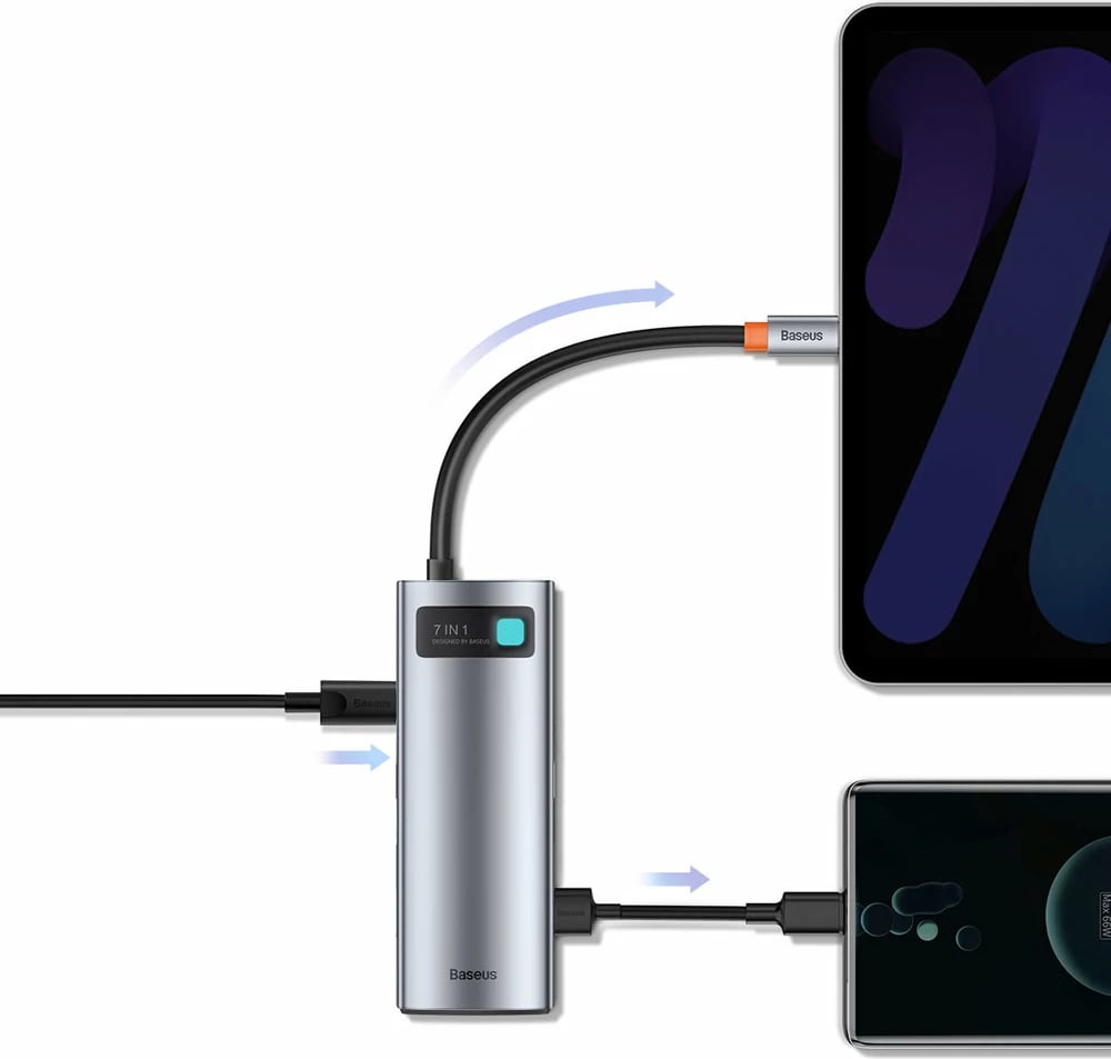 Kasë USB HUB Baseus Metal Gleam Series 7in1, USB-C, HDMI, TF, PD, Gri