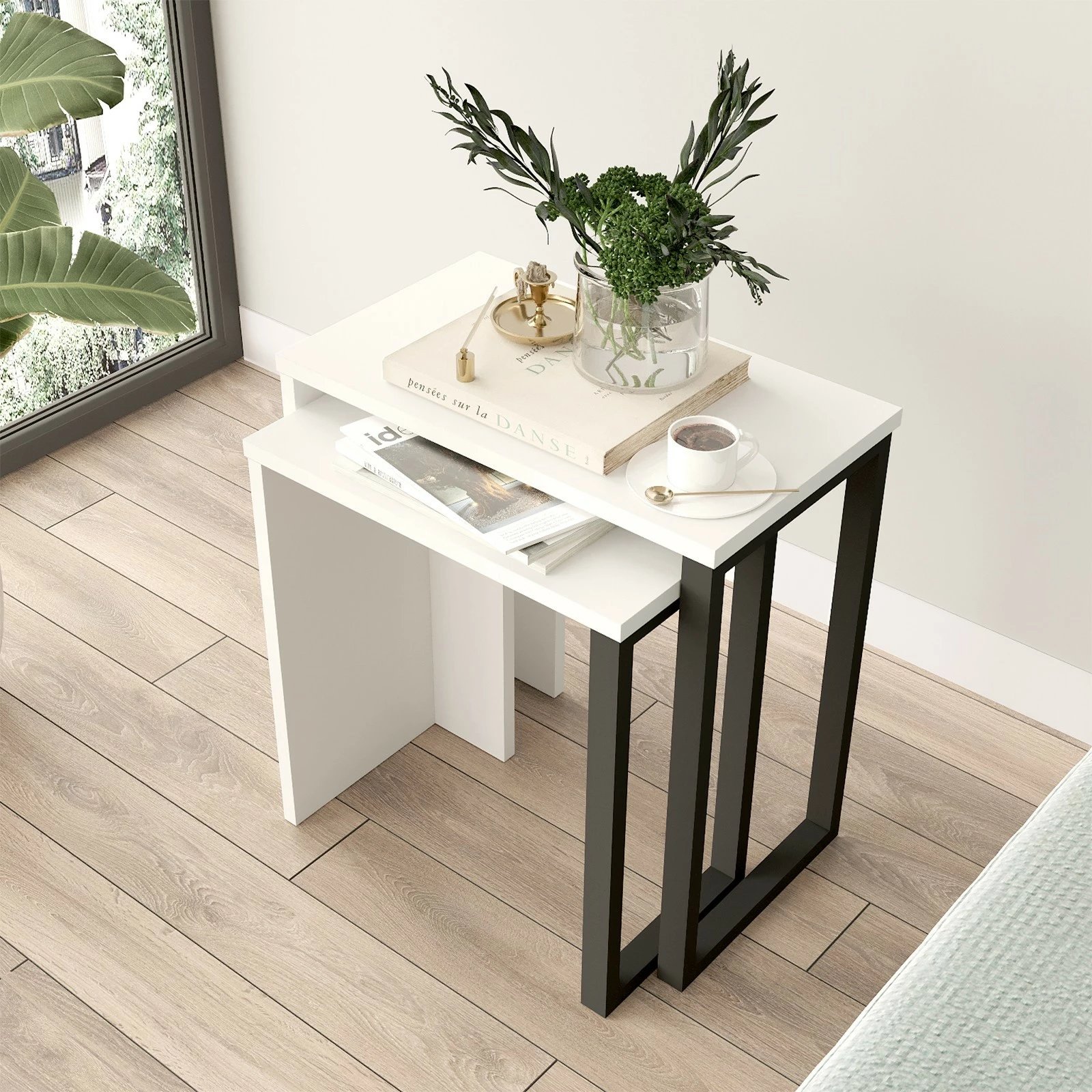 Tavolina ndihmëse të vendosshme (2 copë), ngjyrë e bardhë, Skye Decor, On7-W