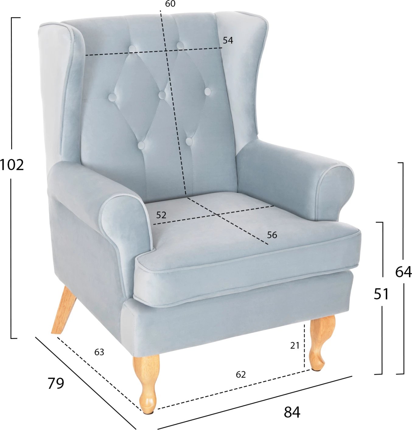Bergere BRANDON, kadife baby blue, këmbë druri natyral, FH3073.31, 82,5x80x104 cm