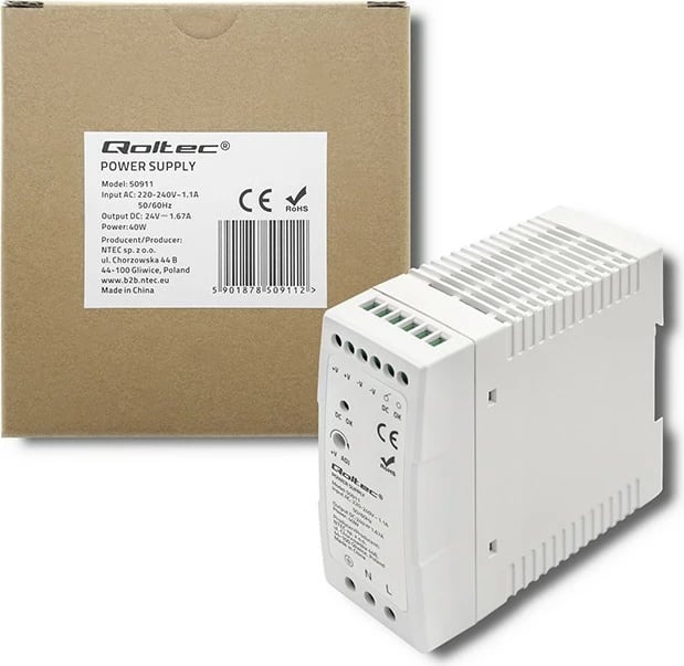 Furnizues energjie për shina DIN Qoltec 50911, 40W, 24V, Slim, Bardhë