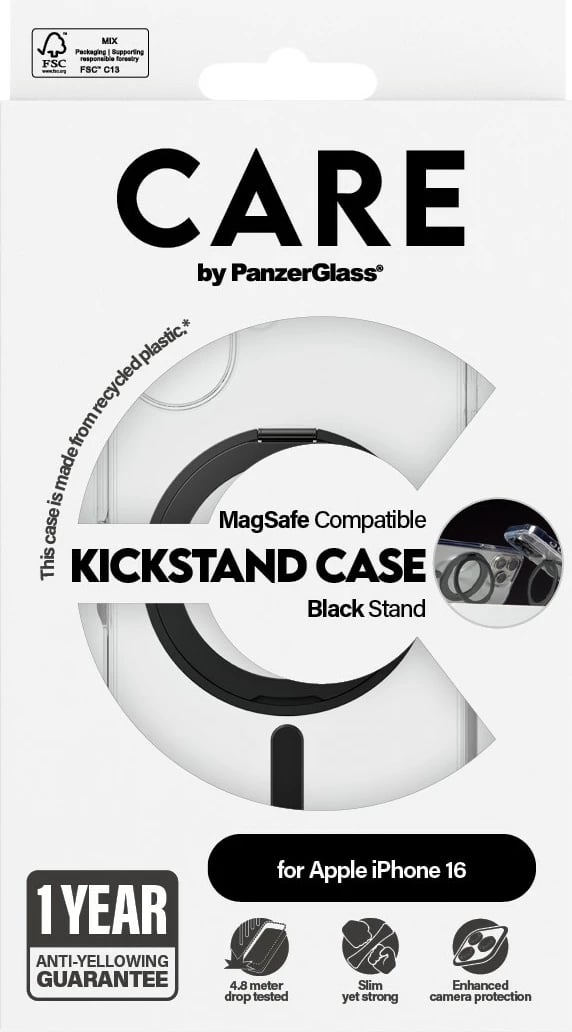 Mbështjellës PanzerGlass CARE Case, iPhone 16, MagSAFE, Kickstand, transparent