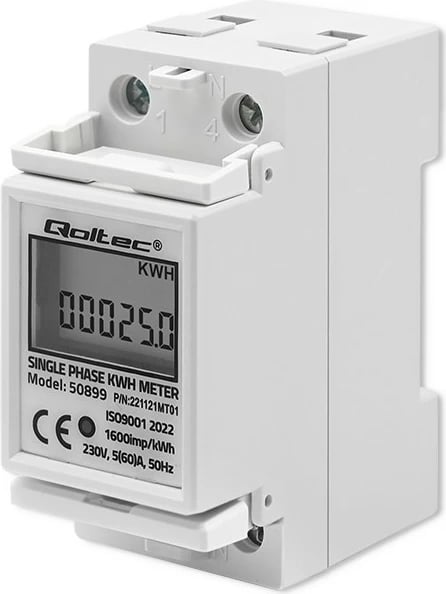 Matës energjie njëfazor Qoltec 50899, LCD, për montim në shinë DIN, Gri