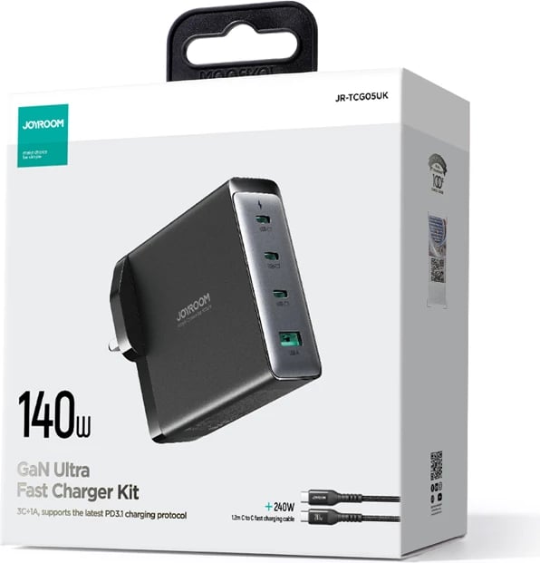 Karikues mur Joyroom JR-TCG05UK GaN, 140W, 3x USB-C, 1x USB-A, me kabllo USB-C/USB-C 240W 1.2m, i zi