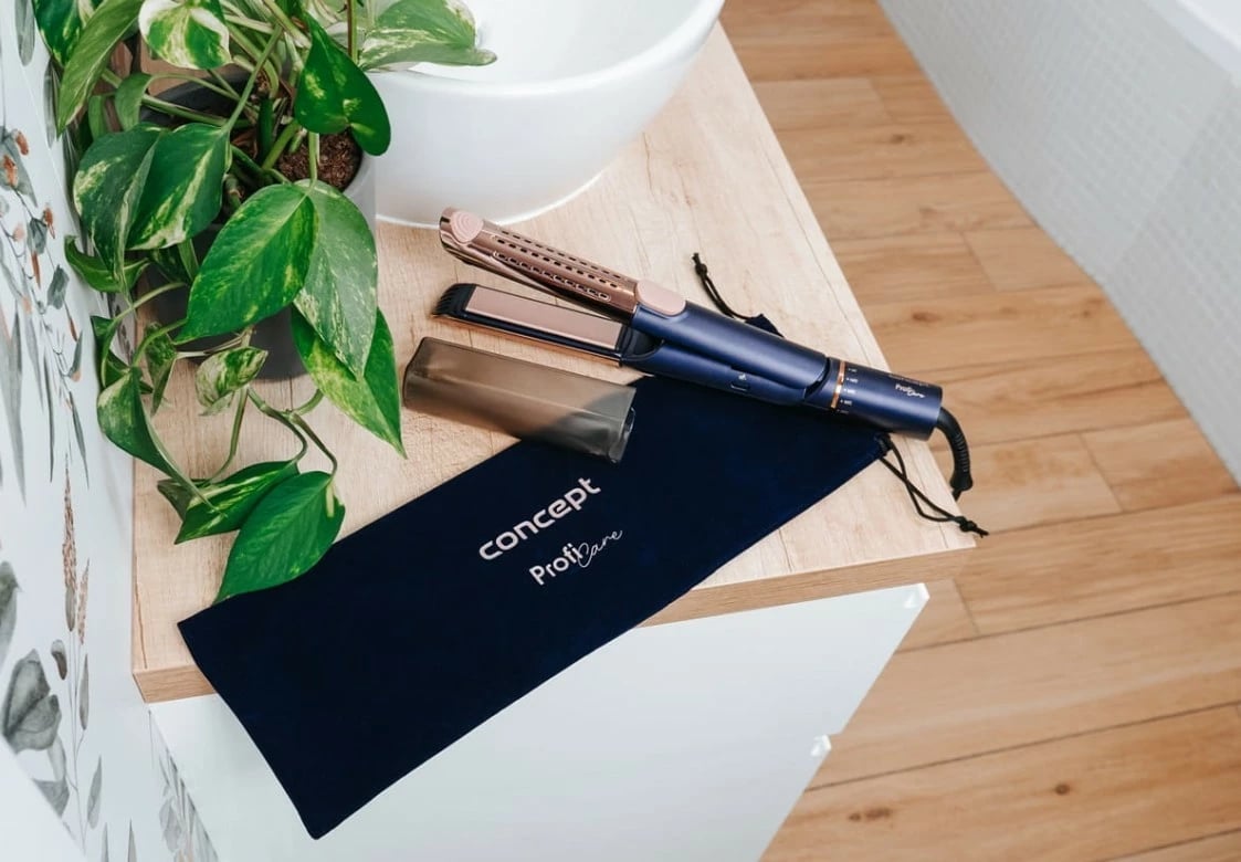 Drejtues flokësh, Concept, VZ8100, CoolAir, 140–220°C, pllaka qeramike, kabllo 2.5 m, blu navy/rozë gold, me kapak rezistent nxehtësisë dhe çantë