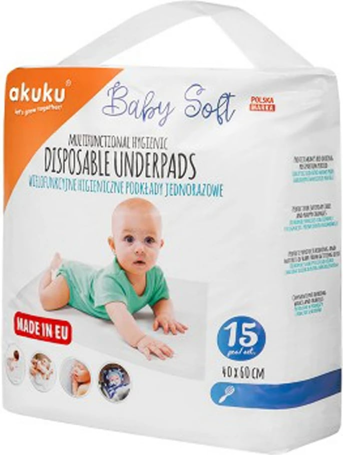 Shtroja nënshtrat njëpërdorim, Akuku Baby Soft, 40x60 cm, e bardhë, paketë 15 copë