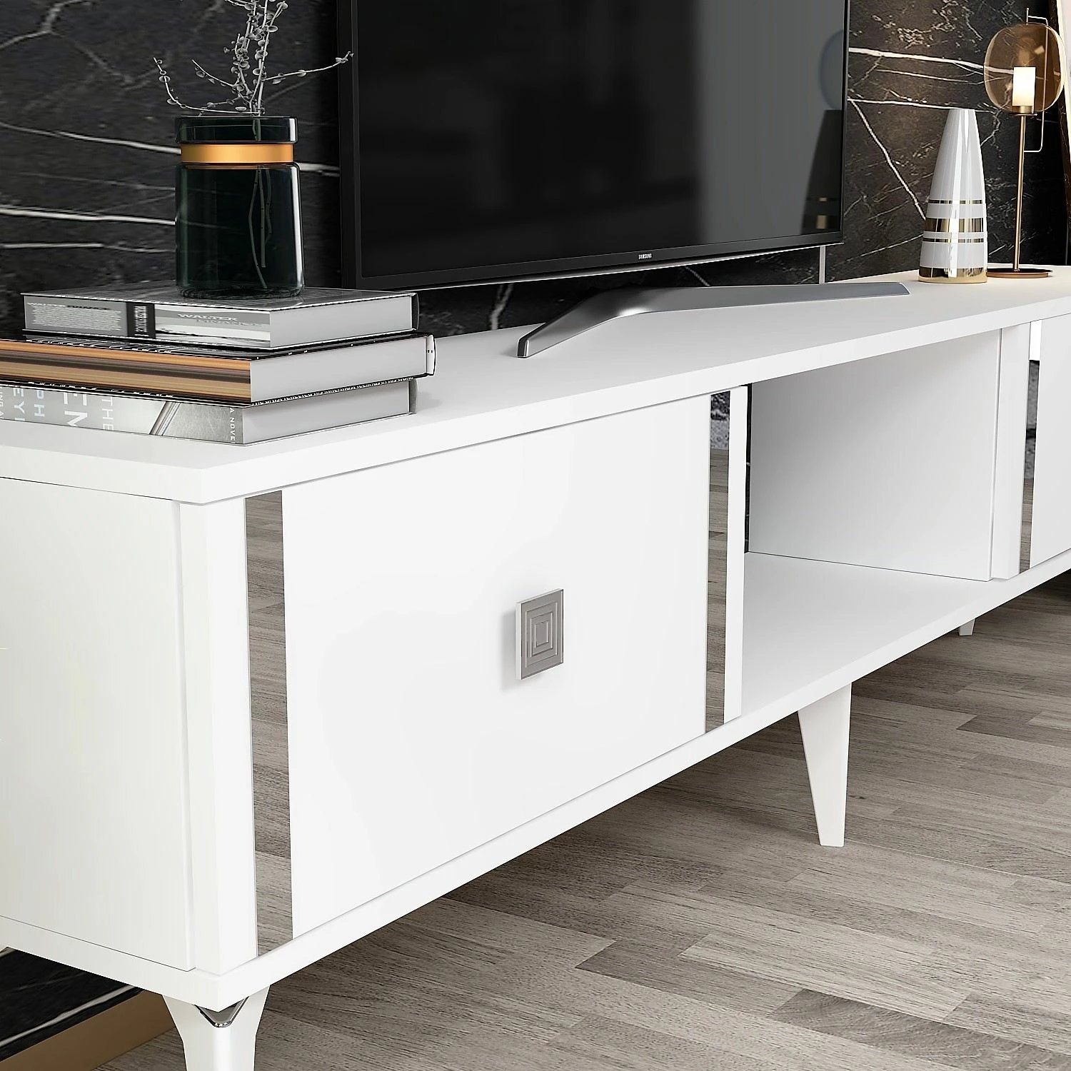 Komodë TV Skye Decor, e bardhë, argjend