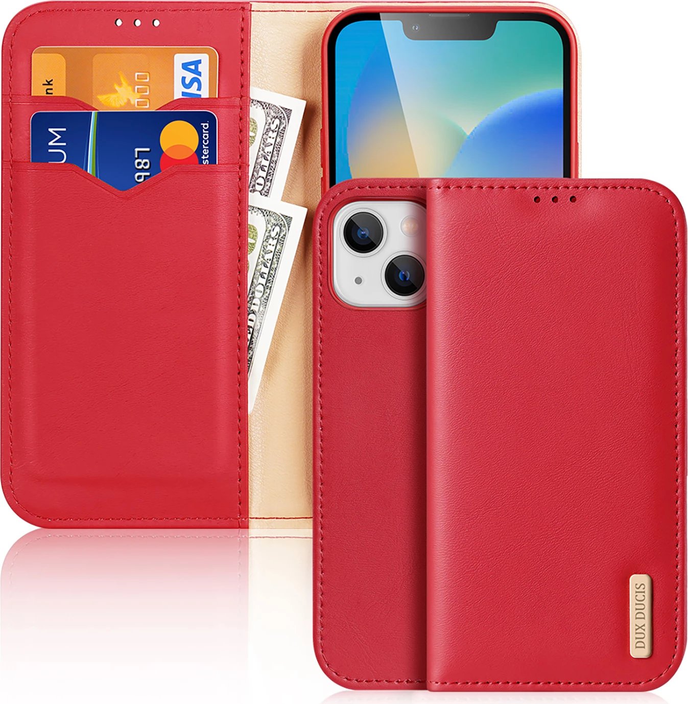 Mbështjellës Dux Ducis Hivo për iPhone 14 Plus, lëkurë natyrale, me xhepa dhe mbrojtje RFID, Kuq