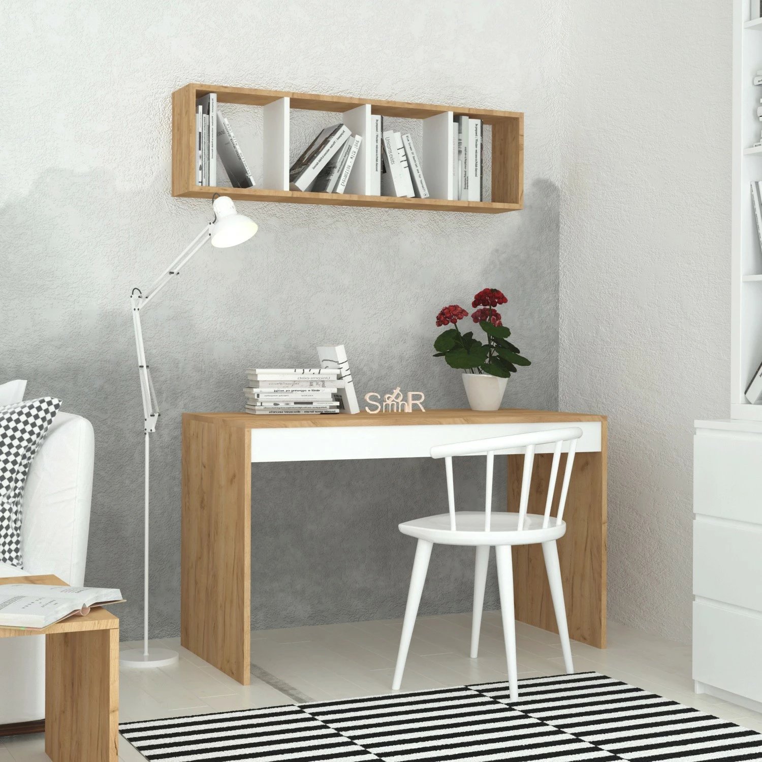 Set tavoline studimi Hanah Home, Ertel, ngjyrë lisi, me raft muri