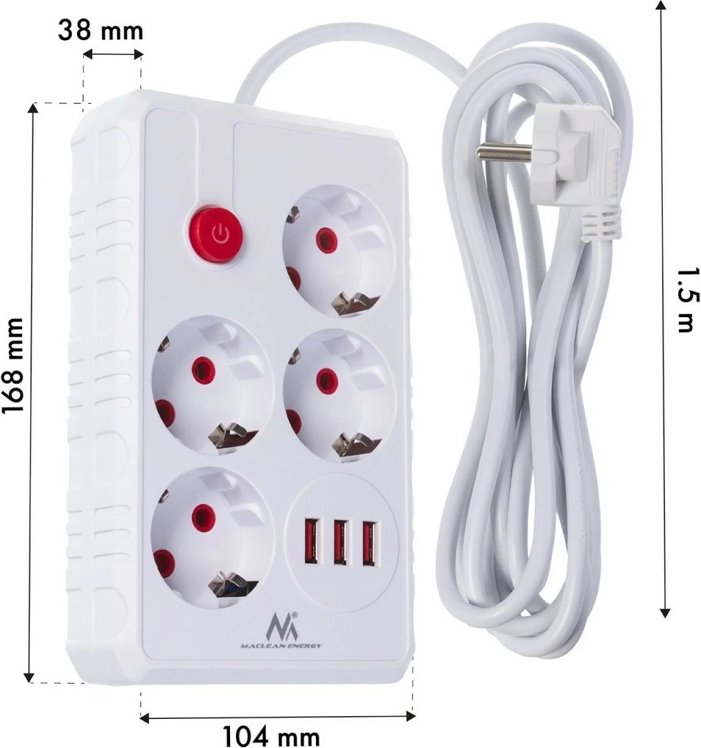 Zgjatues elektrik Maclean MCE392 W, 4 priza Schuko, 3x USB, 2500W, 110-240V, kabllo 1.5m, me çelës, e bardhë