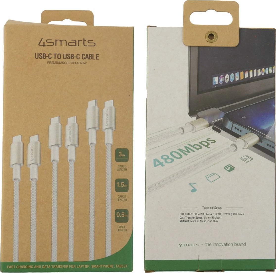 Kabllo USB-C 4smarts 540621, set 3 copë, 0.5m/1.5m/3m, 60W, argjendtë/bardhë Kabllo USB-C 4smarts 540621, set 3 copë, 0.5m/1.5m/3m, 60W, argjendtë/bardhë