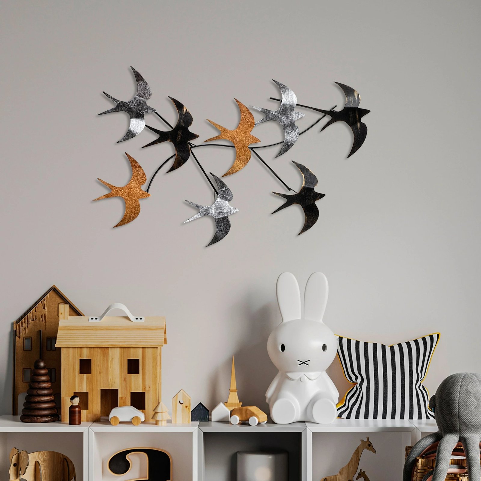 Aksesor dekorativ metalik për mur, Flying Birds 2, shumëngjyrësh, 69x41x7cm