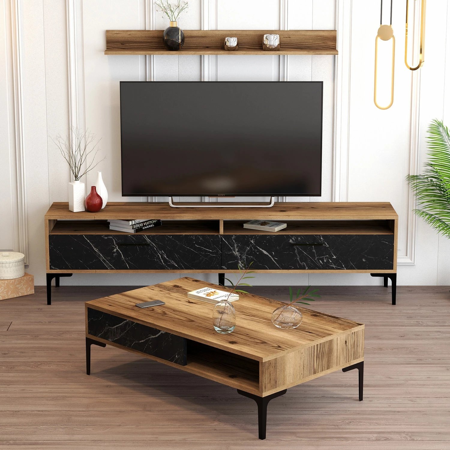 Set mobiljesh për dhomë dite Skye Decor, Istanbul, ngjyrë arre, mermer i zi