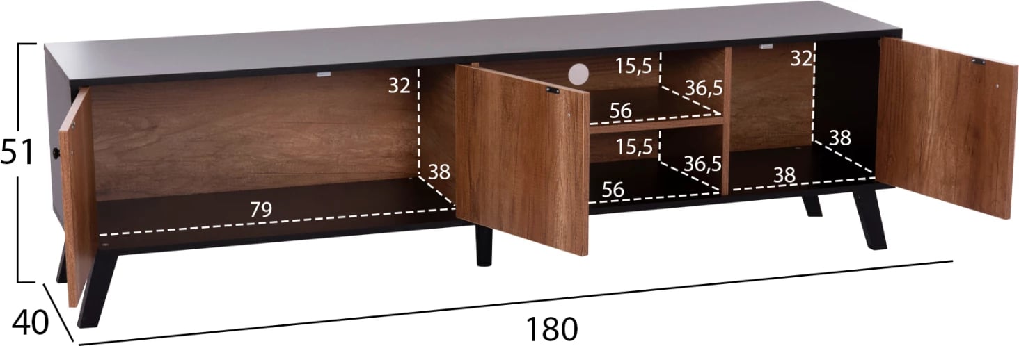Komodë TV KRUDEN, melaminë, ngjyrë e zezë-dru natyral, 180x40x51cm