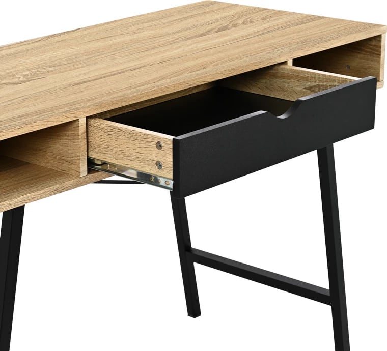 Tavolinë zyre Yamin, ngjyrë lisi-me këmbë metalike të zeza, 120x48x76cm