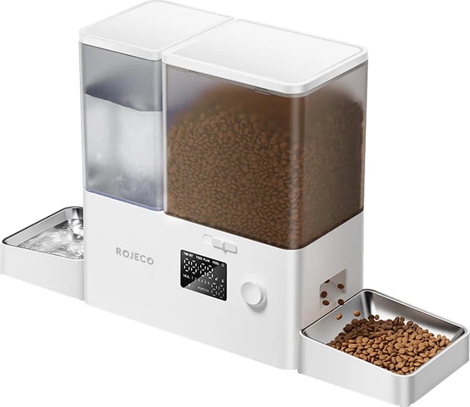 Dispenser ushqimi me burim uji 2-në-1, Rojeco, RYTJAJO-DP Button Version, 5L ushqim + 3.5L ujë, i programueshëm, e bardhë