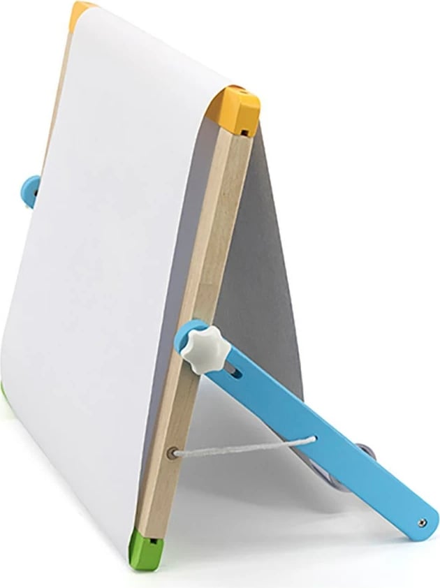 Tabelë magnetike druri, Viga, me dy anë (tabelë e bardhë + shkumës), set me 26 shkronja, 10 numra, 29 forma, me rul letre, multingjyrës