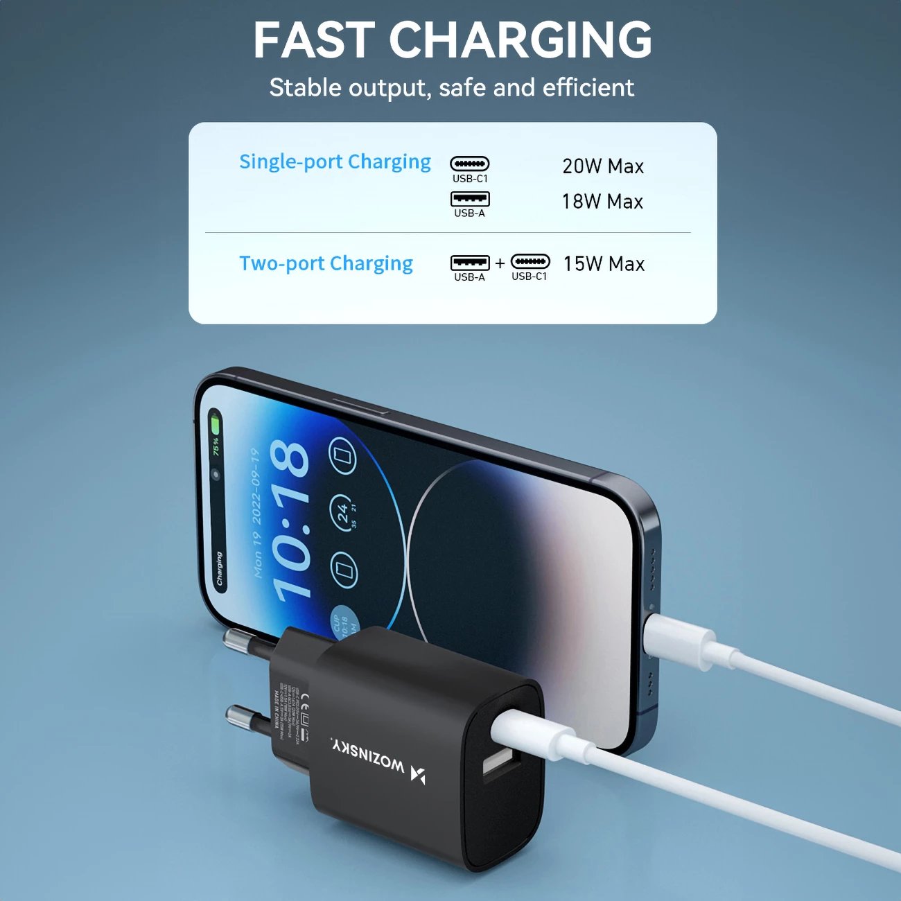 Karikues muri Wozinsky WGWCB, 20W, 2 porta USB-A/USB-C, i zi