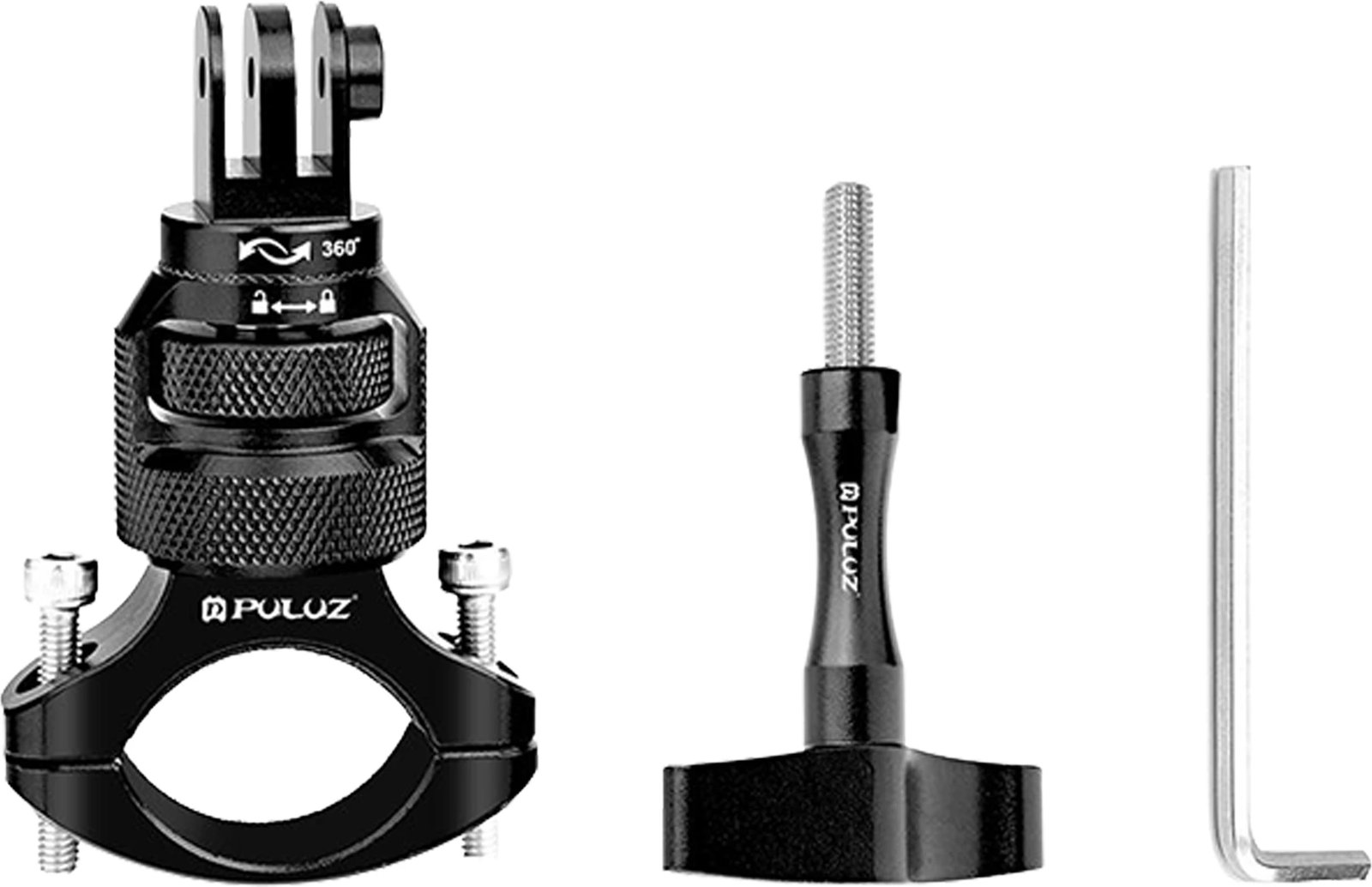 Mbajtëse timoni për kamera sportive Puluz PU796B, 360° rrotullim, alumini, Ø 2–3.5 cm, e zezë