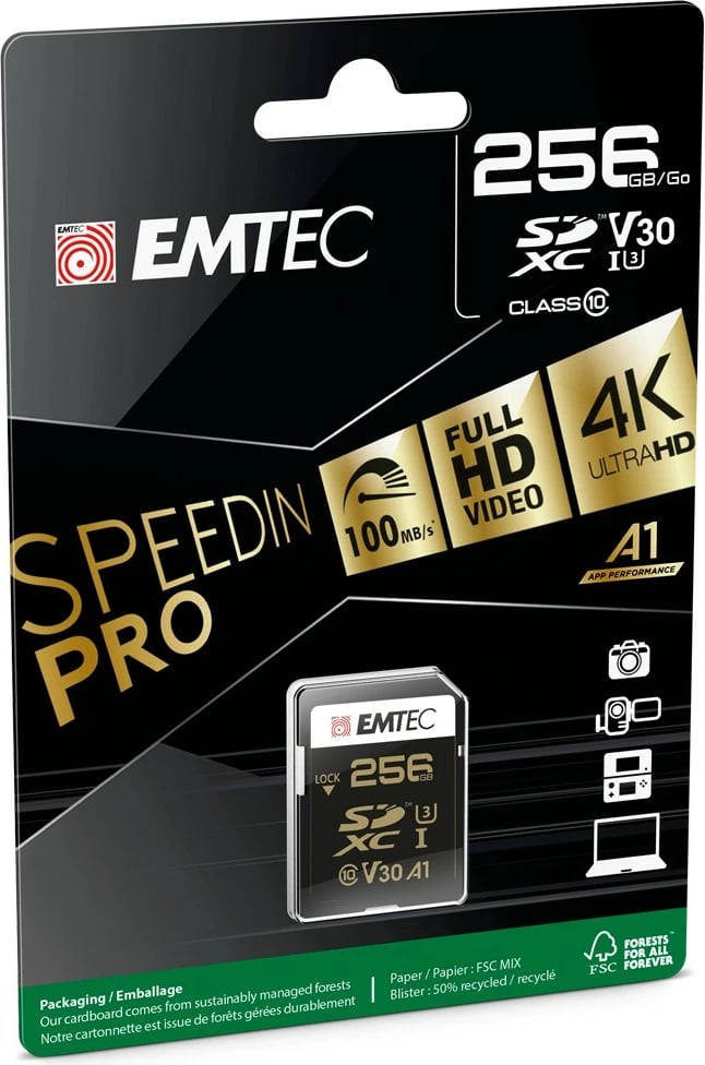 Kartelë memorie EMTEC ECMSD256GXC10SP, 256 GB, SDXC, Class 10, UHS-I, e zezë