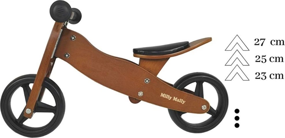 Bicikletë-balancë/tricikel druri 2-në-1, Milly Mally JAKE, rrota shkumë 7", ulëse e rregullueshme, deri 25 kg, Dark Natural kafe