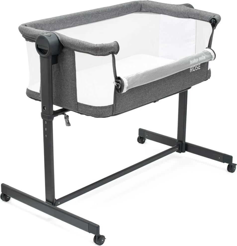 Krevat anësor bebe, Baby Mix Rose, 5 nivele lartësie 68-80 cm, me rrota me frenë, dyshek i përfshirë, kornizë çeliku, 300D poliester, gri
