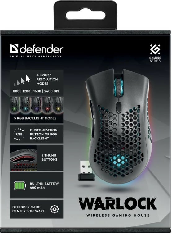 Maus wireless Defender Warlock GM-709L, RGB, 2400 dpi, i zi