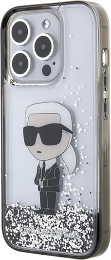 Mbështjellës Karl Lagerfeld Liquid Glitter Ikonik për iPhone 15 Pro, transparent