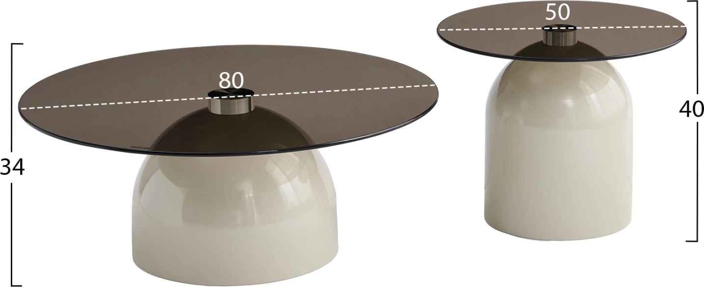 Set 2 tavolina kafeje BELLINS, bazë metalike bezhë, sipërfaqe xhami, FH18313.04, Φ50cm & Φ80cm