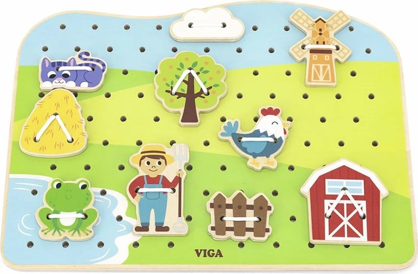 Lojë lidhëse druri, Viga, fermë, 20 pllaka + 10 karta, për 36M+, shumëngjyrësh