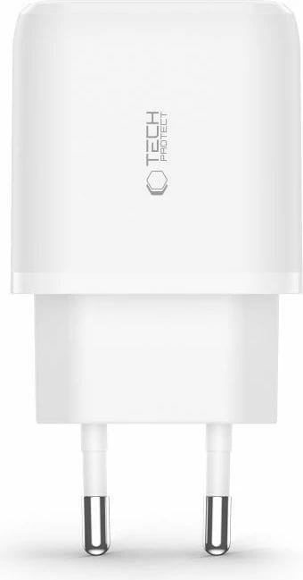 Karikues murit Tech-Protect C20W me dy porta USB-C PD 20W / USB-A QC 3.0 dhe kabllo USB-C/USB-C, Bardhë
