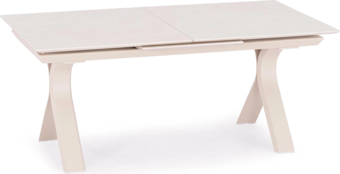 Tavolinë ngrënieje e zgjatshme ANDROMEDA, alumin, sipërfaqe gur sintetik, ngjyrë fildishi, 180-240x100x76.5cm