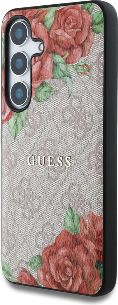 Mbështjellës Guess Leather 4G Flowers Print Metal Classic Logo MagSafe për Samsung Galaxy S25, Rozë