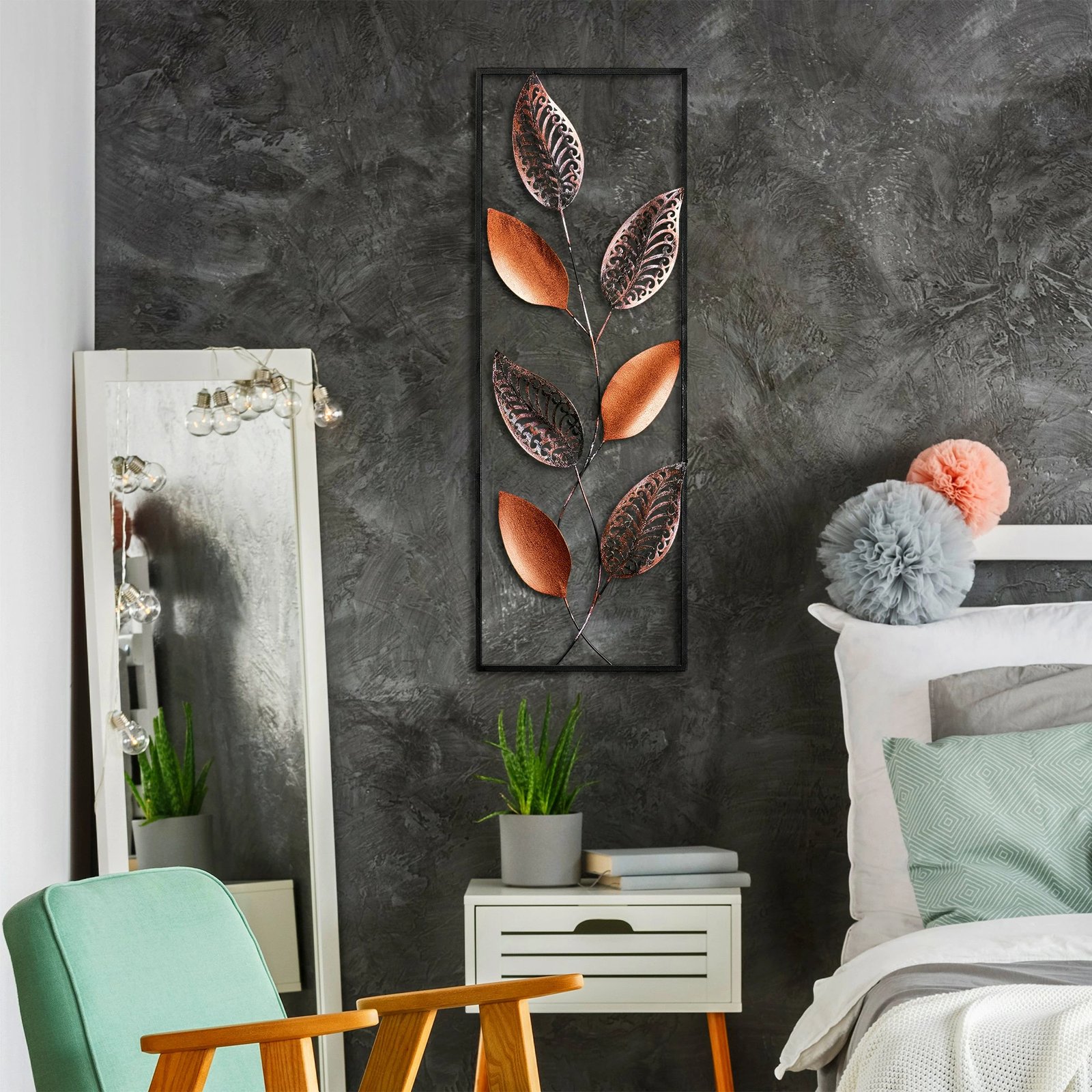 Aksesor dekorativ metalik për mur, Wallity, Leaf 3, shumëngjyrësh, 32x90cm