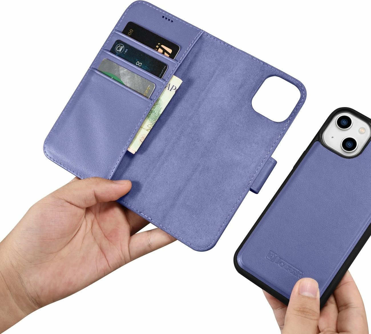 Mbështjellës iCarer Wallet Case 2in1 për iPhone 14 Plus, lëkurë natyrale, Anti-RFID, Vjollcë e çelët