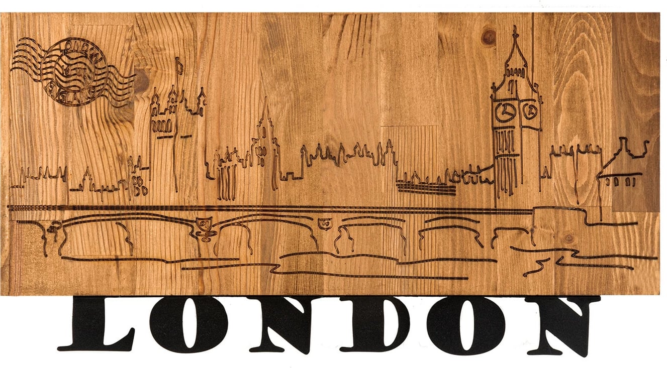 Aksesor dekorativ për mur, dru dhe metal, Wallity, London v2, ngjyrë e zezë dhe arre, 58x30cm